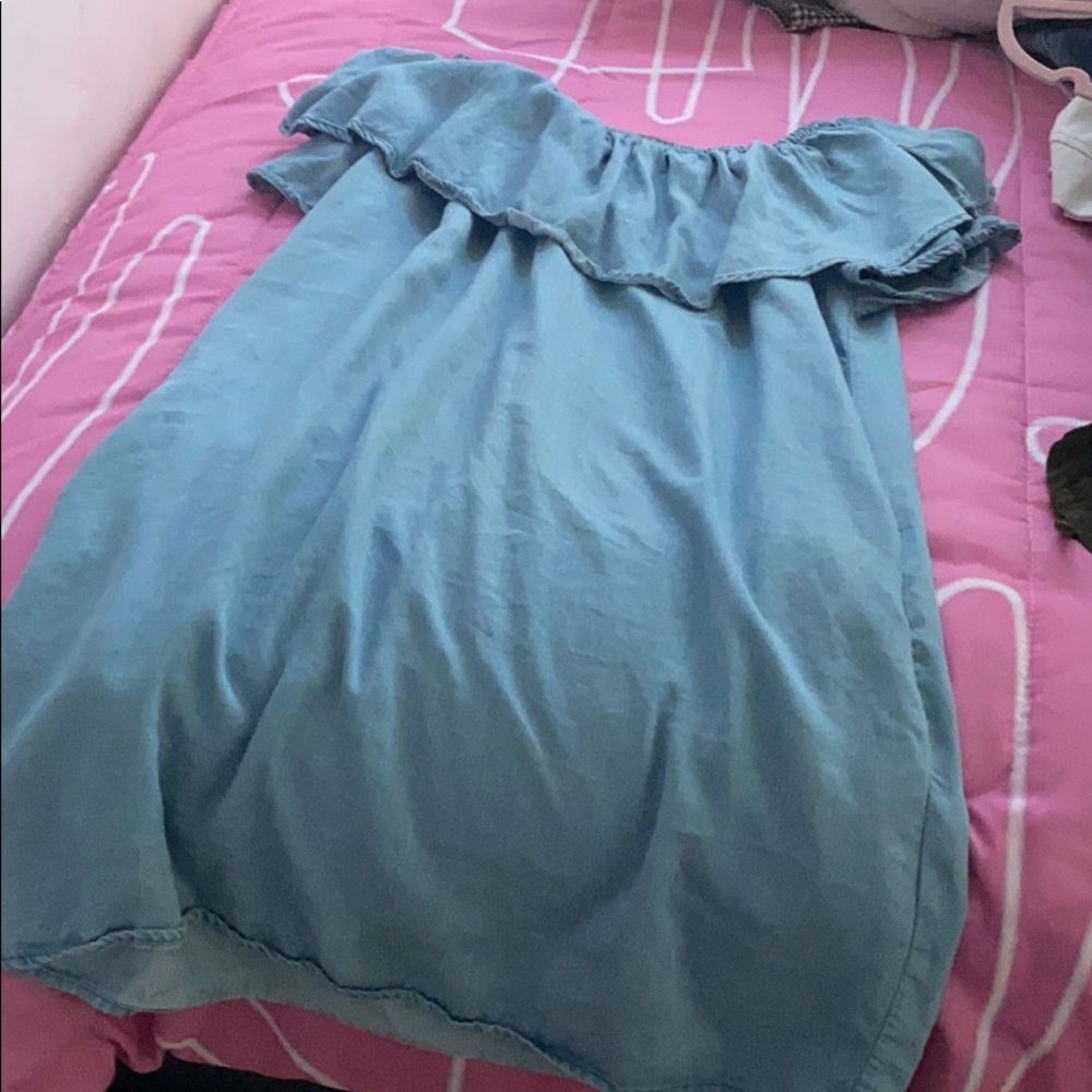 zara off the shoulder denim dress size: xs